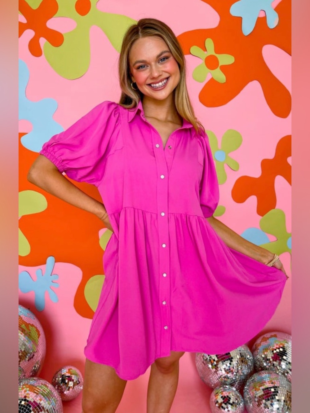 Entro Pink Collared Puff Bubble Sleeve Button-Down Dress Women’s Size Medium